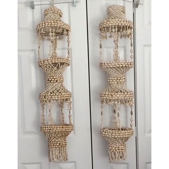 Lot Of 2 Vintage Hanging Planter Sea Shell 2 Tiered Plant Holder 42” Tall - Picture 2 of 11